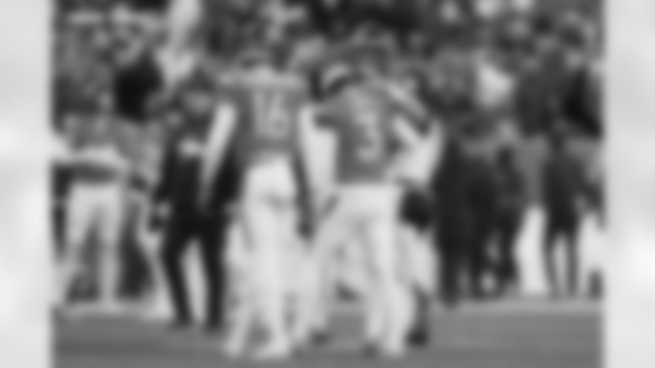 Wil Lutz (3) and Bo Nix during the Broncos' Divisional Round playoff game against the Buffalo Bills at Empower Field at Mile High in Denver, Colorado on January 17, 2026. Photo by Ben Swanson / Denver Broncos