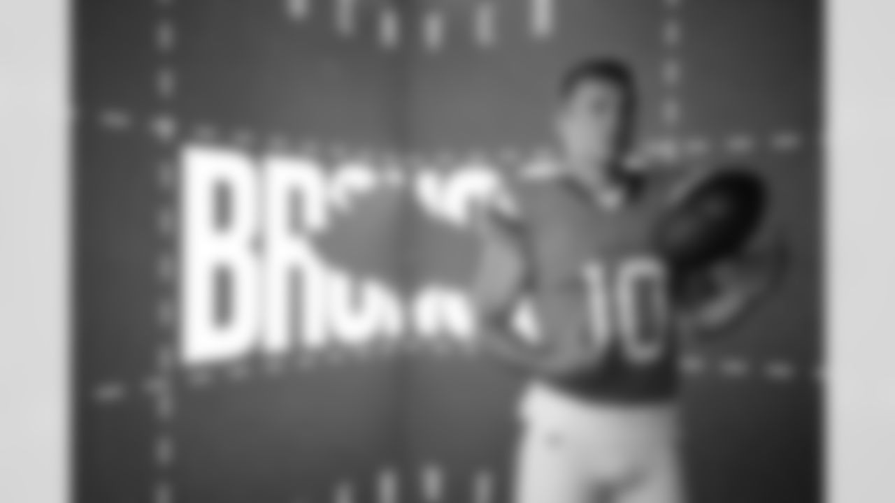 Bo Nix poses during the filming of the 2025 in-stadium pregame hype video during media day.
Photo by Jamie Schwaberow / Denver Broncos