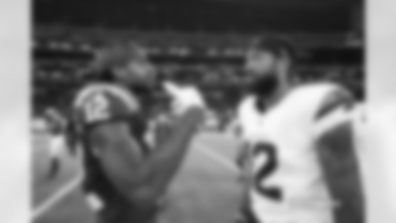 Tyrie Cleveland #12 of the Indianapolis Colts and Tim Patrick #12 of the Denver Broncos talk after the Broncos' preseason Week 1 game against the Indianapolis Colts at Lucas Oil Stadium in Indianapolis, Indiana on August 11, 2024. (Photo by Gabriel Christus/Denver Broncos)