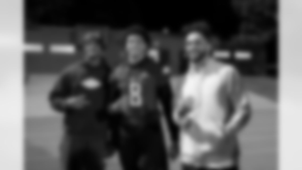 Pat Surtain II and Talanoa Hufanga pose for a photo with a Cherry Creek High School player during a visit to watch Cherry Creek play Fountain Fort Carson on Friday, November 14, 2025 at Cherry Creek High School in Greenwood Village, Colorado.
Photo by Gabriel Christus / Denver Broncos