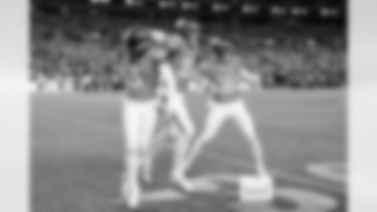 Denver Broncos placekicker Wil Lutz (3), tight end Adam Trautman (82) and punter Jeremy Crawshaw (16) celebrate after a game-winning field goal after the Broncos' Week 11 game against the Kansas City Chiefs at Empower Field at Mile High in Denver, Colorado on November 16, 2025. Photo by Gabriel Christus / Denver Broncos