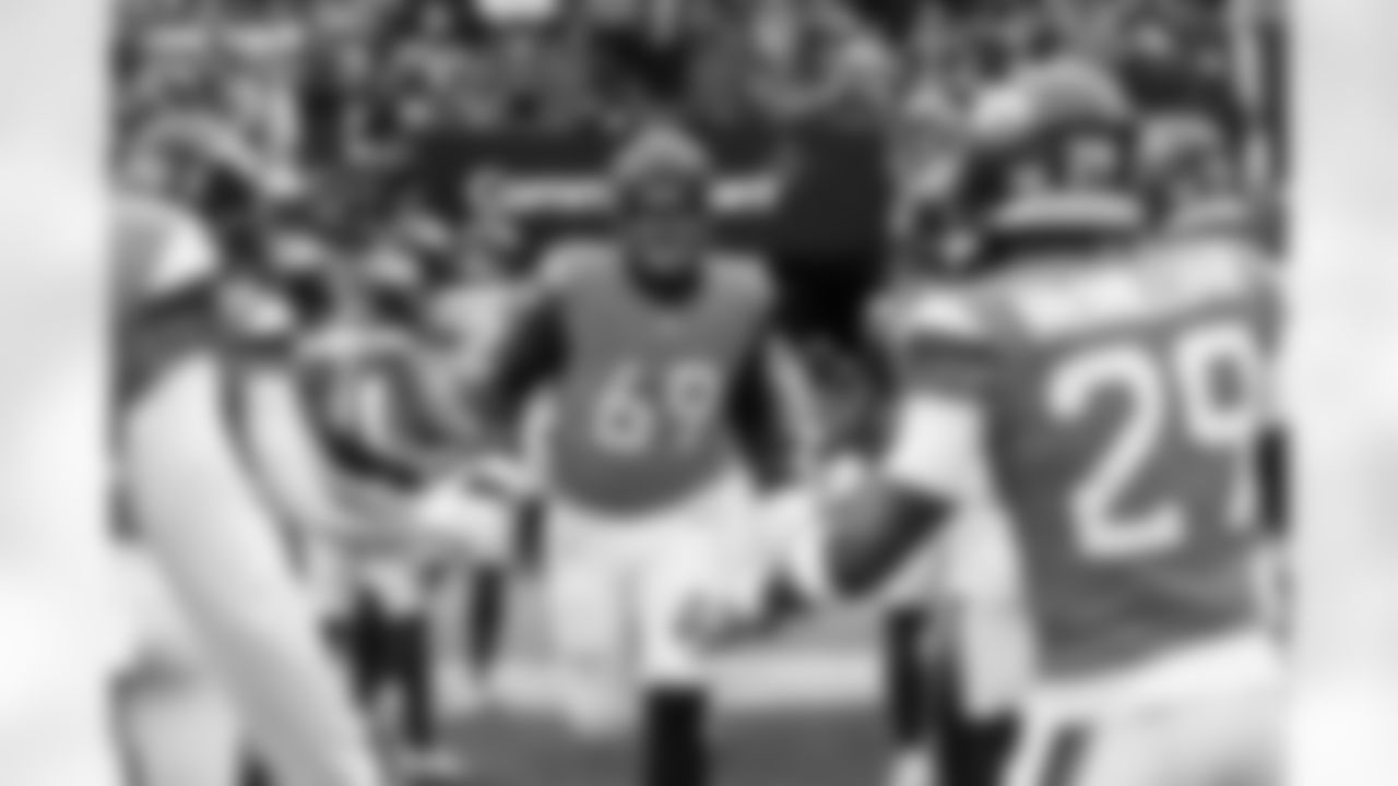 Mike McGlinchey (69) before the AFC Championship Game between the Denver Broncos and New England Patriots at Empower Field at Mile High in Denver, Colorado on January 25, 2026. Photo by Gabriel Christus / Denver Broncos