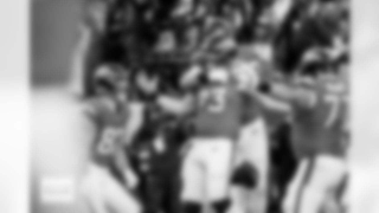 Denver Broncos offensive tackle Frank Crum (73) celebrates his touchdown reception during the Broncos' Divisional Round playoff game against the Buffalo Bills at Empower Field at Mile High in Denver, Colorado on January 17, 2026. Photo by Gavin Liddell / Denver Broncos