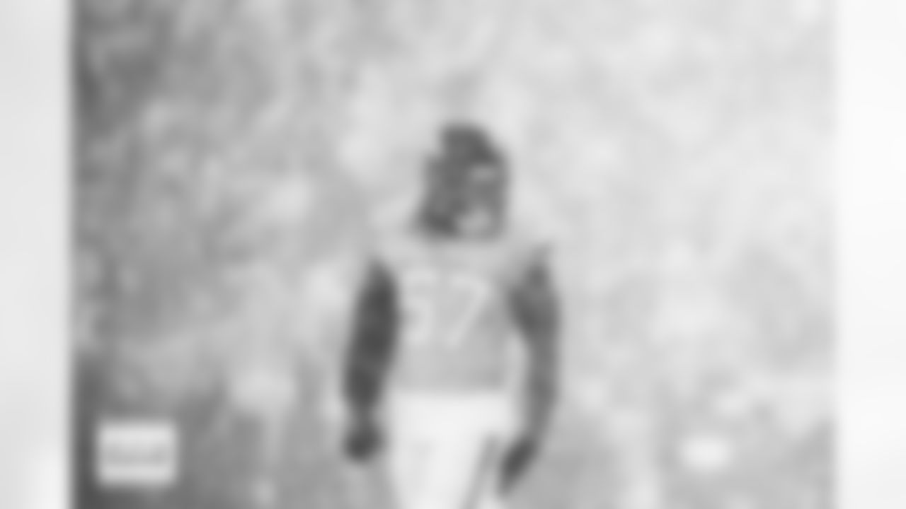 Denver Broncos linebacker Dre Greenlaw (57) gets in position during the AFC Championship Game between the Denver Broncos and New England Patriots at Empower Field at Mile High in Denver, Colorado on January 25, 2026. Photo by Ben Swanson / Denver Broncos