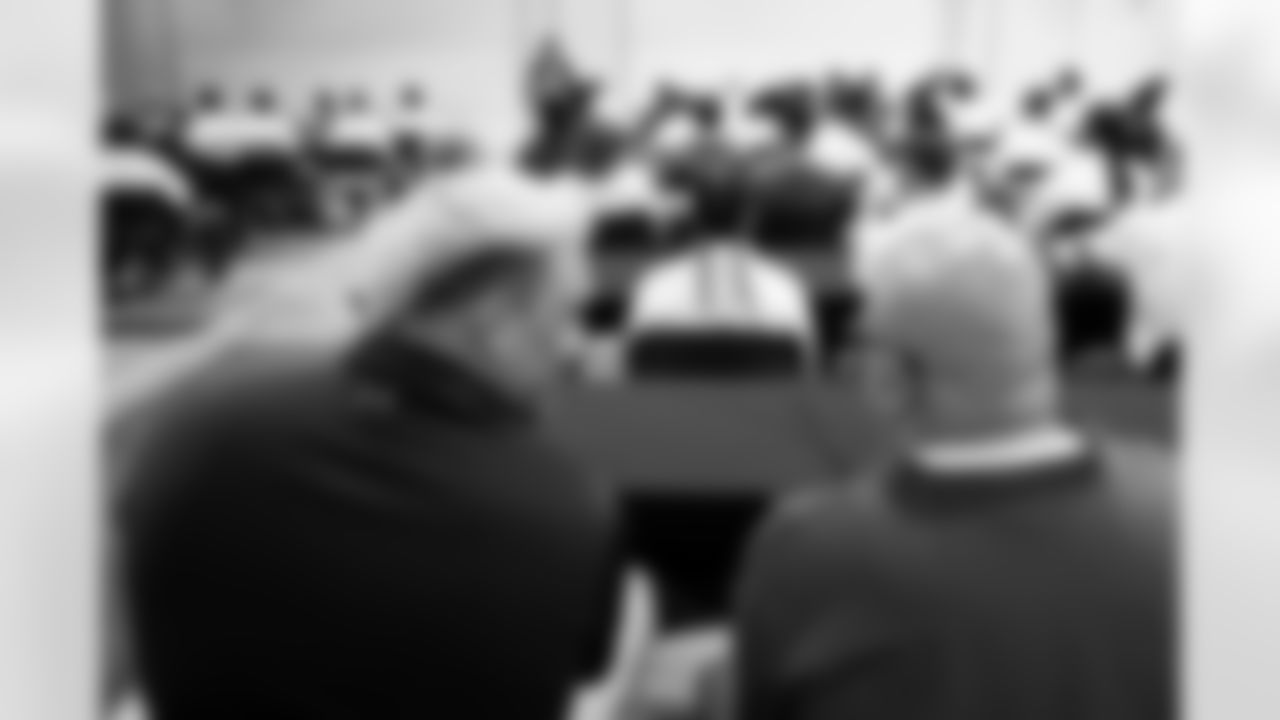 Garett Bolles sits with inmates at lunch during a visit to the Arkansas Valley Correctional Facility in Ordway, Colorado on October 14, 2025. In partnership with the Vera Institute of Justice, the Denver Broncos Foundation toured ChangeMakers Village (a Restoring Promise Unit).Photo by Gabriel Christus / Denver Broncos