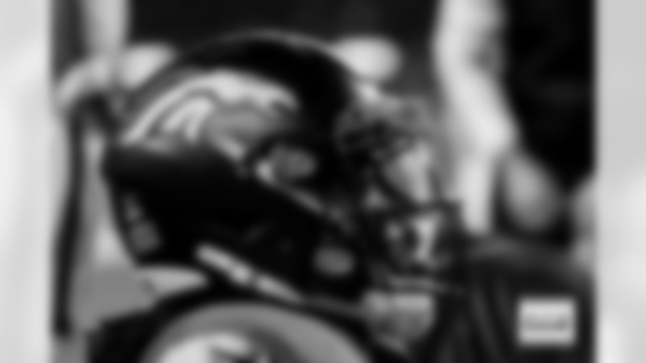 Denver Broncos wide receiver Lil'Jordan Humphrey (17) looks on with a chunk of grass stuck in his facemask during the Broncos' Week 15 game against the Green Bay Packers at Empower Field at Mile High in Denver, Colorado on December 14, 2025. Photo by Ben Swanson / Denver Broncos