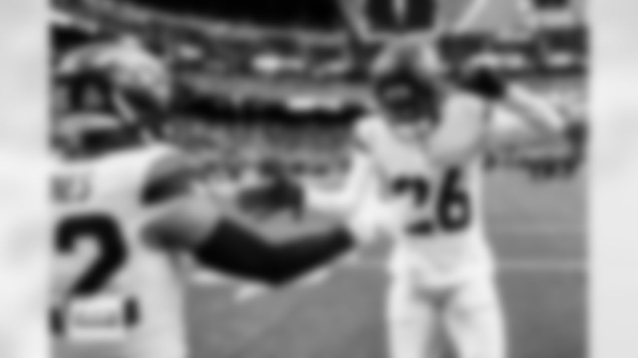 Denver Broncos safety Devon Key (26) before the Broncos' Week 14 game against the Las Vegas Raiders at Allegiant Stadium in Las Vegas, Nevada on December 7, 2025. Photo by Ben Swanson / Denver Broncos