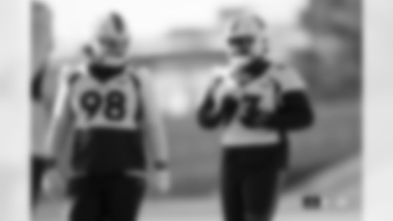 Mike Purcell and D.J. Jones during practice on Friday, December 22, 2023 at Centura Health Training Center in Englewood, Colorado.
Photo by Gabriel Christus / Denver Broncos