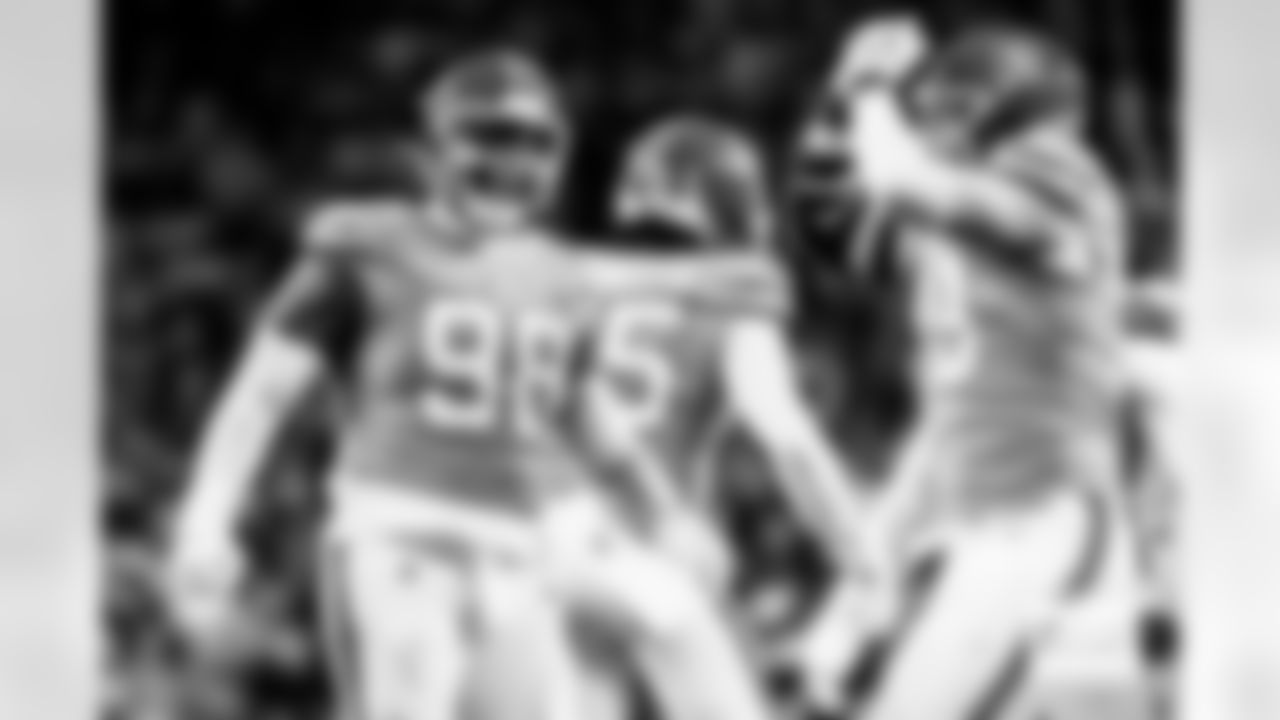 Denver Broncos defensive lineman John Franklin-Myers (98) celebrates a sack with defensive lineman Zach Allen (99) during the Broncos' Week 10 game against the Las Vegas Raiders at Empower Field at Mile High in Denver, Colorado on November 6, 2025. Photo by Gavin Liddell / Denver Broncos