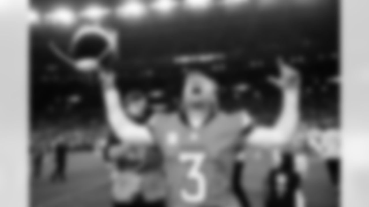 Denver Broncos placekicker Wil Lutz (3) celebrates after the Broncos' Week 11 game against the Kansas City Chiefs at Empower Field at Mile High in Denver, Colorado on November 16, 2025. Photo by Ben Swanson / Denver Broncos