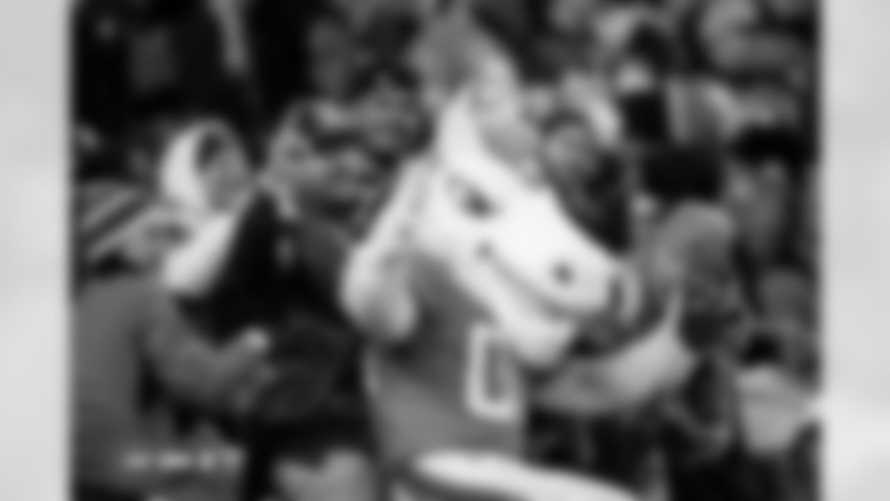 Miles the Mascot celebrates with fans during the Broncos' Week 10 game against the Las Vegas Raiders at Empower Field at Mile High in Denver, Colorado on November 6, 2025. Photo by Ben Swanson / Denver Broncos