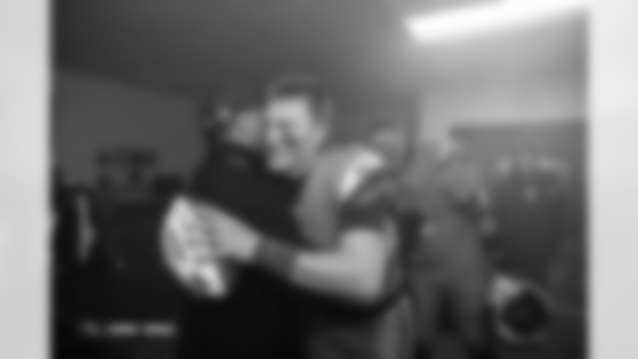 Greg Penner and Bo Nix in the locker room after the Broncos' Week 13 game against the Washington Commanders at Northwest Stadium in Landover, Maryland on November 30, 2025. Photo by Gabriel Christus / Denver Broncos