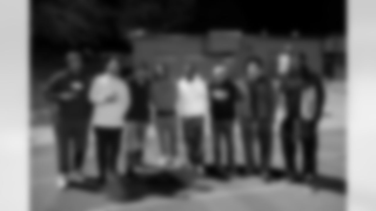 Pat Surtain II, Talanoa Hufanga, P.J. Locke, Delarrin Turner-Yell, Devon Key and Jordan Turner pose for a photo with Chery Creek High Scool staff during a visit to watch Cherry Creek play Fountain Fort Carson on Friday, November 14, 2025 at Cherry Creek High School in Greenwood Village, Colorado.
Photo by Gabriel Christus / Denver Broncos