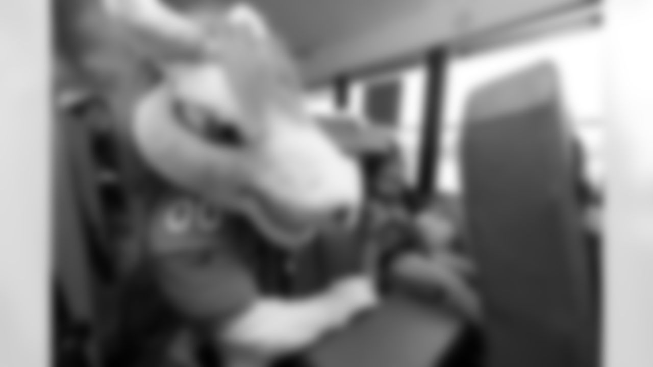 Miles the Mascot rode an Aurora Public Schools bus to pick up kids and accompany them to school as part of Random Acts of Kindness week in Aurora, Colorado on February 12, 2024. Photo by Gabriel Christus / Denver Broncos