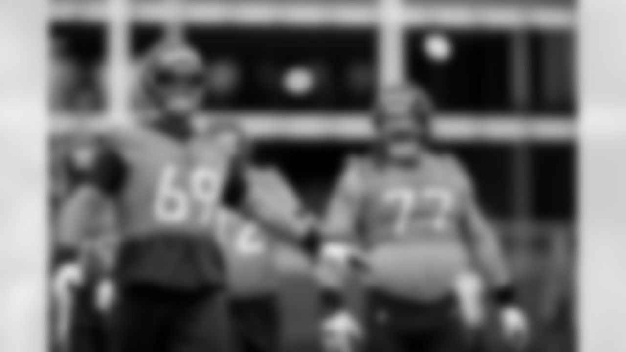 Mike McGlinchey and Quinn Meinerz during OTAs on Thursday, May 29, 2025 at Broncos Park Powered by CommonSpirit in Englewood, Colorado.
Photo by Gabriel Christus / Denver Broncos