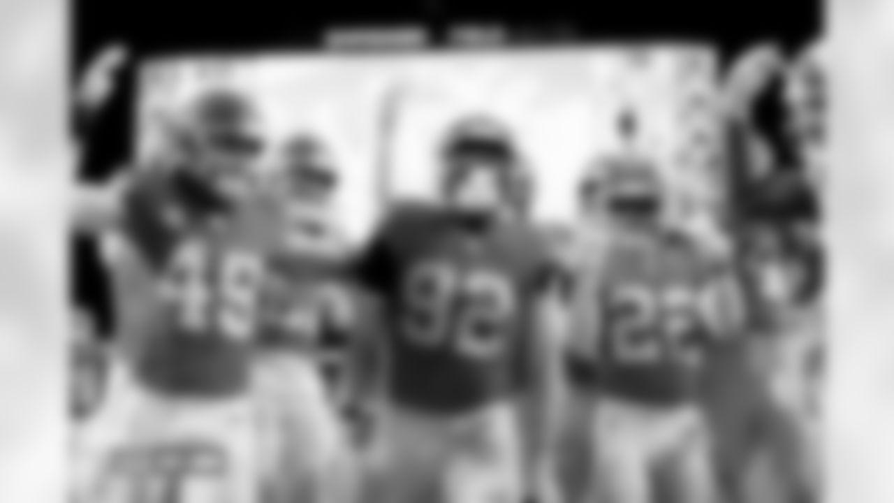 Dondrea Tillman celebrates an interception before the Broncos' Week 10 game against the Las Vegas Raiders at Empower Field at Mile High in Denver, Colorado on November 6, 2025. Photo by Gavin Liddell / Denver Broncos