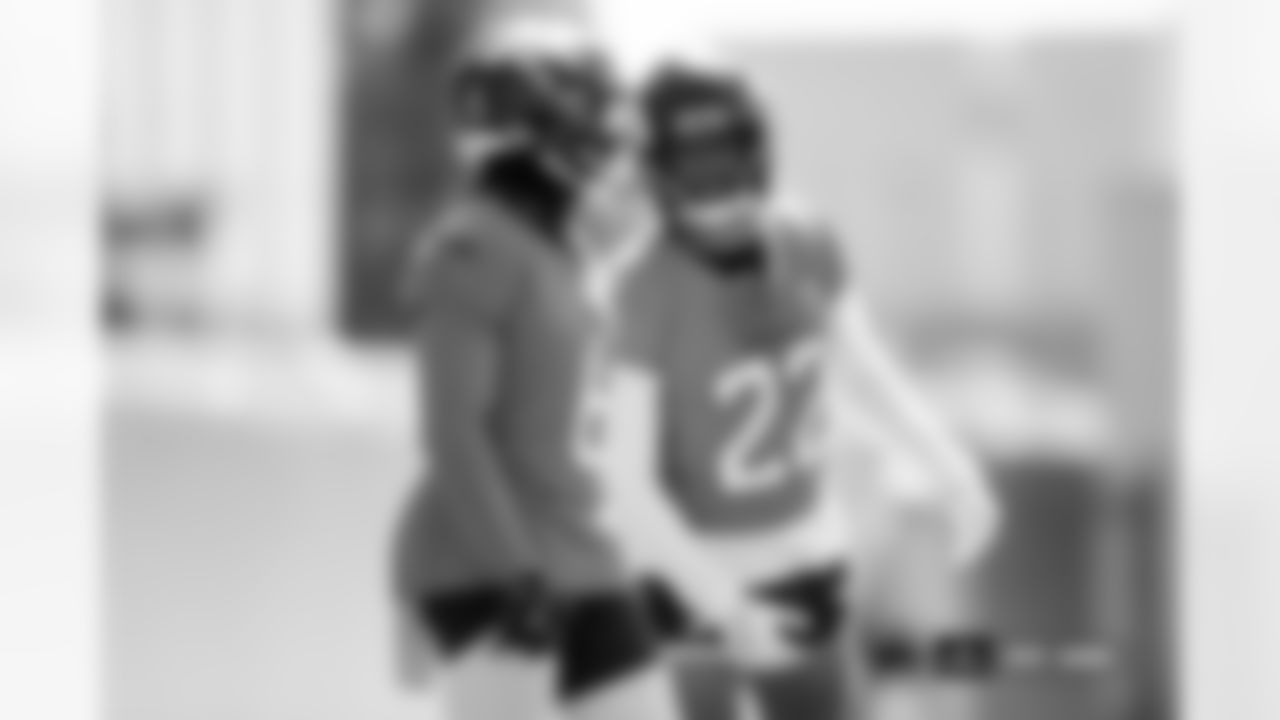 P.J. Locke and Brandon Jones during practice at Broncos Park Powered by CommonSpirit in Englewood, Colorado on September 13, 2024. Photo by Ben Swanson / Denver Broncos