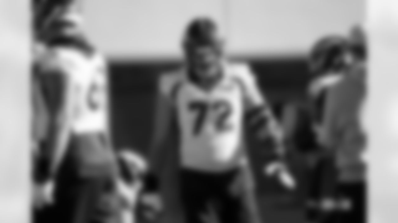 Garett Bolles during practice at Centura Health Training Center in Englewood, Colorado on December 7, 2023. Photo by Ben Swanson / Denver Broncos