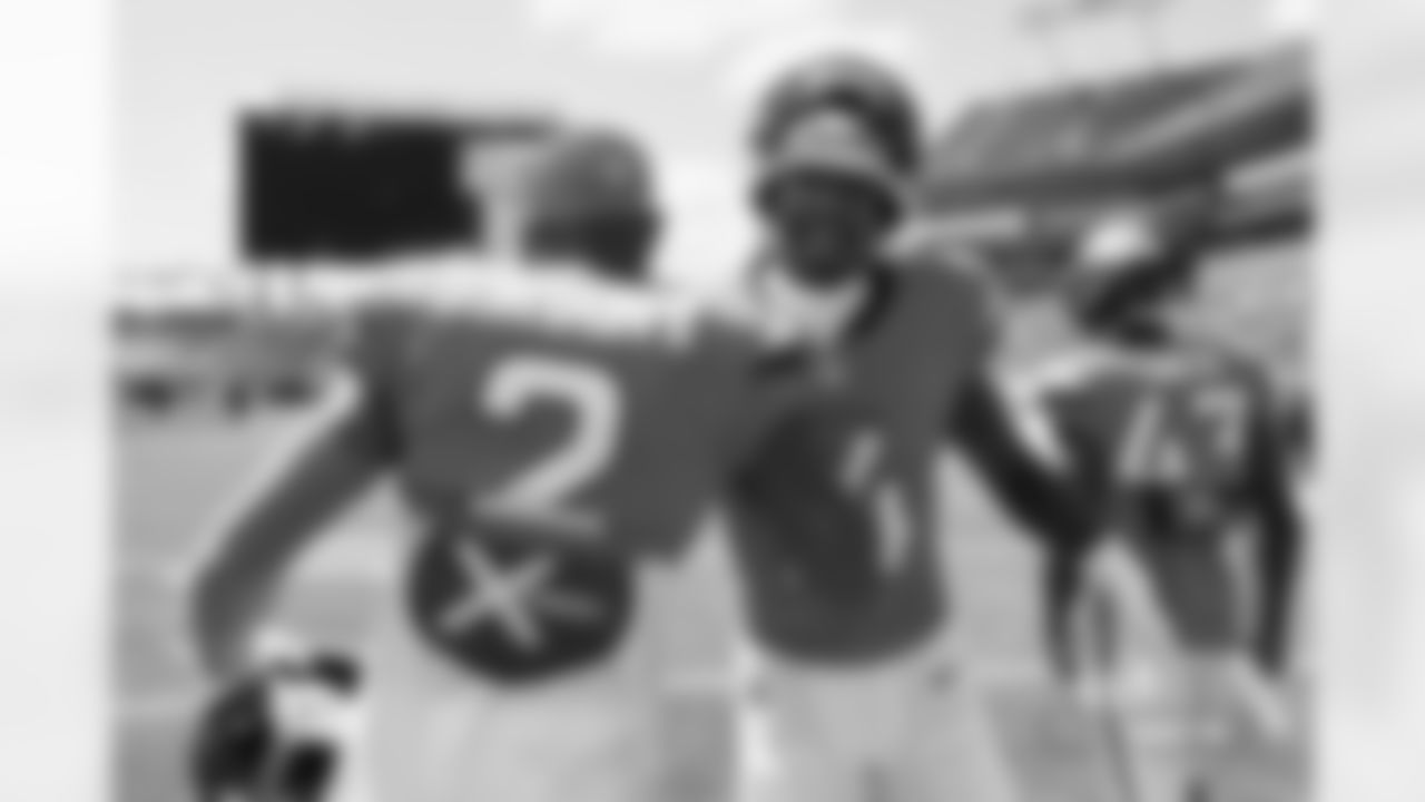 Pat Surtain II and Courtland Sutton before the Broncos' Week 3 game against the Tampa Bay Buccaneers at Raymond James Stadium in Tampa, Florida on September 22, 2024. Photo by / Denver Broncos