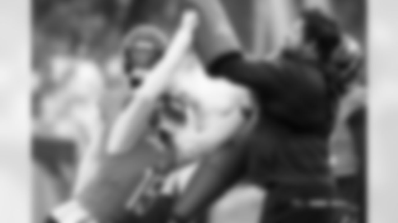 Nik Bonitto and Brian Niedermeyer during practice at Tottenham Hotspur Football Club Training Ground in Enfield, England on October 9, 2025. Photo by Gabriel Christus / Denver Broncos