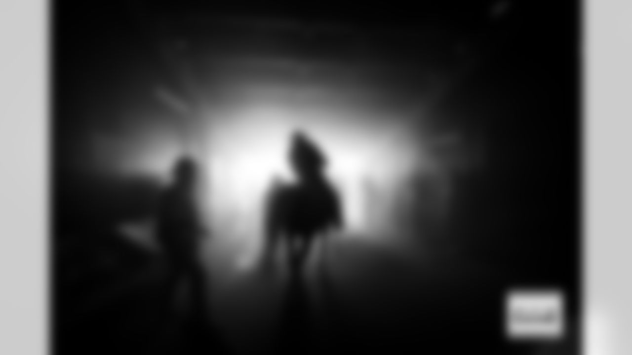 Ann Judge sits atop Thunder in the tunnel for player introductions before the Broncos' Divisional Round playoff game against the Buffalo Bills at Empower Field at Mile High in Denver, Colorado on January 17, 2026. Photo by Gabriel Christus / Denver Broncos