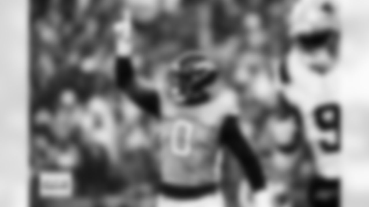 Denver Broncos linebacker Jonathon Cooper (0) celebrates during the AFC Championship Game between the Denver Broncos and New England Patriots at Empower Field at Mile High in Denver, Colorado on January 25, 2026. Photo by Ben Swanson / Denver Broncos