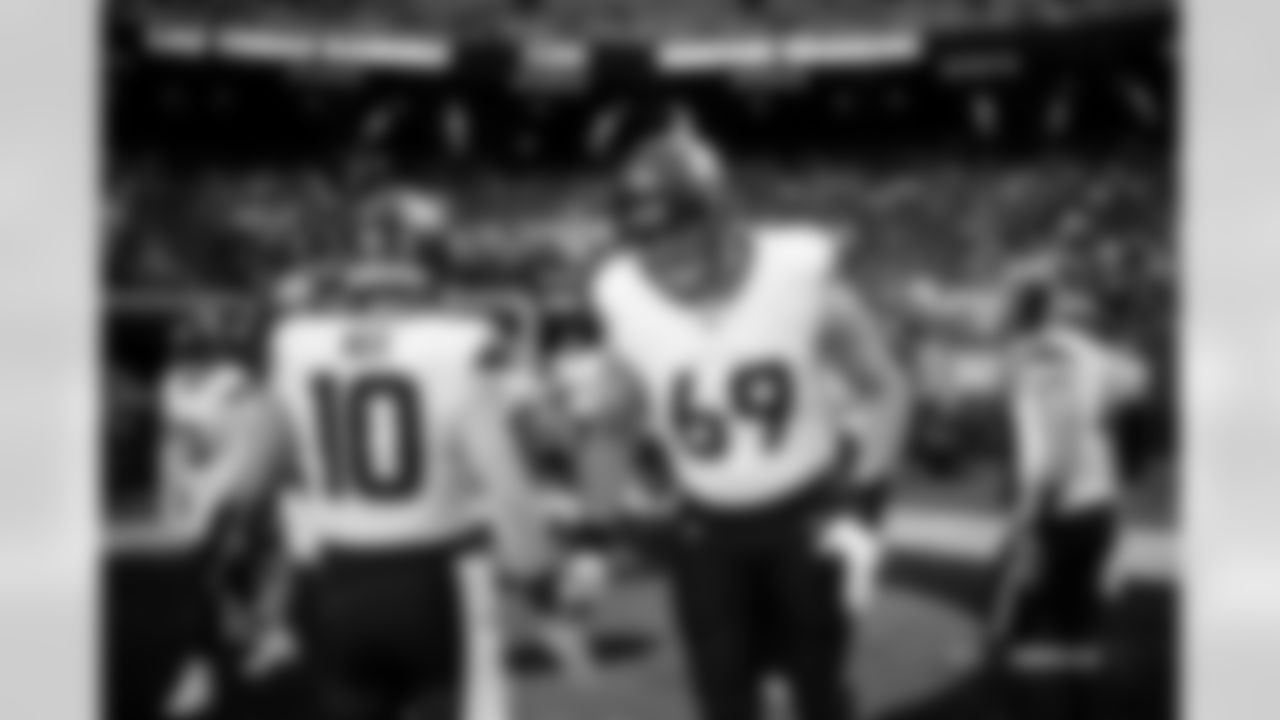 Bo Nix and Mike McGlinchey before the Broncos' Week 12 game against the Las Vegas Raiders at Allegiant Stadium in Las Vegas, Nevada on November 24, 2024. Photo by Gabriel Christus / Denver Broncos