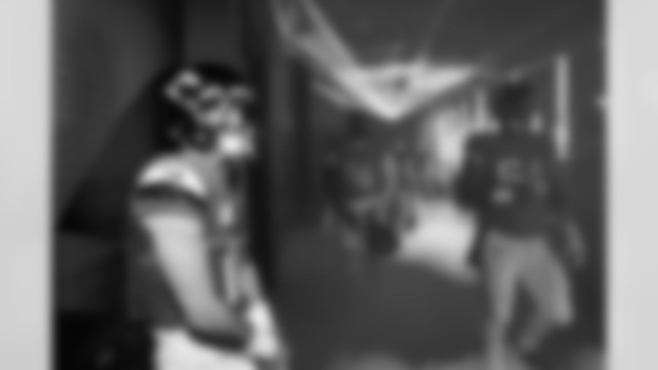 Denver Broncos quarterback Bo Nix (10) rests in the tunnel for team introductions before the Broncos' Week 11 game against the Kansas City Chiefs at Empower Field at Mile High in Denver, Colorado on November 16, 2025. Photo by Gabriel Christus / Denver Broncos