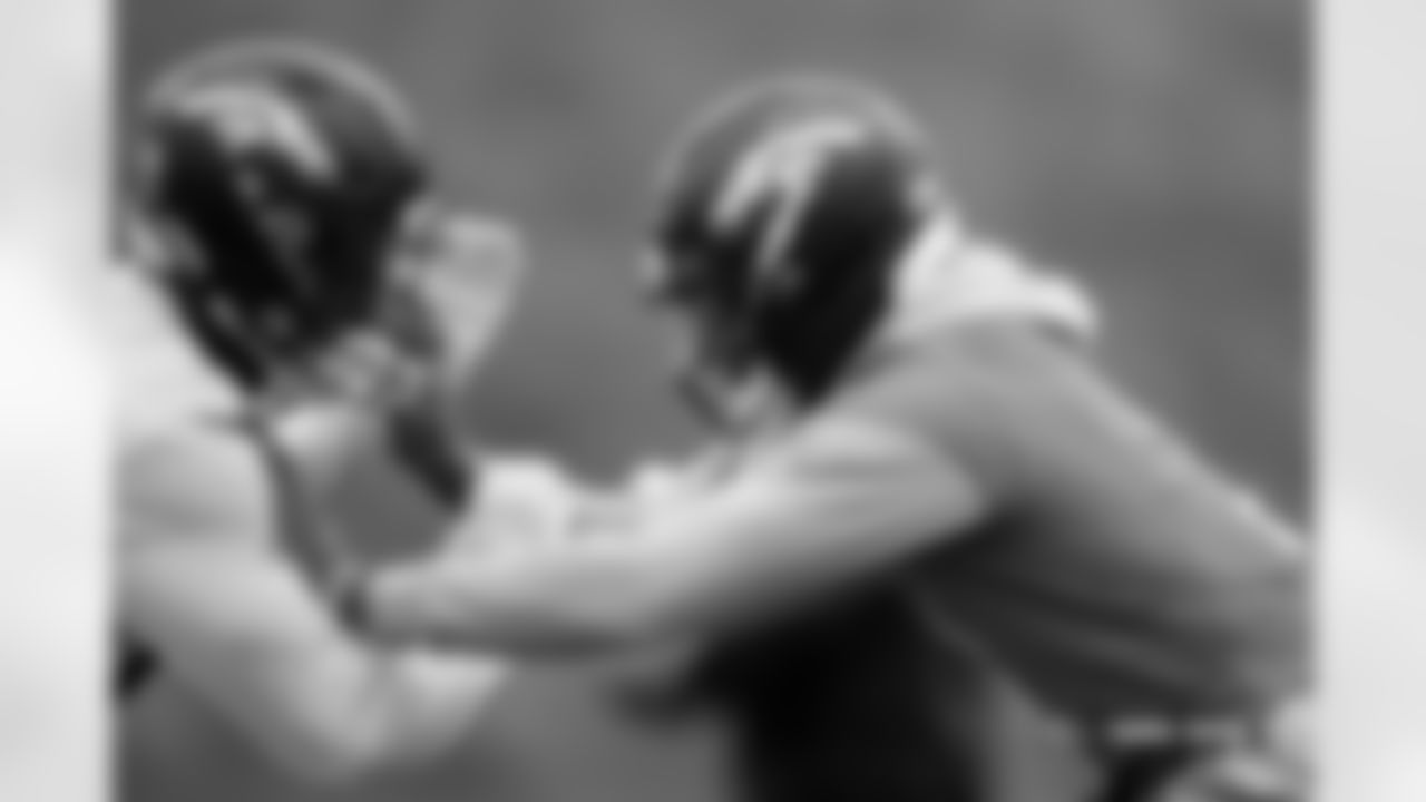 Pat Surtain II and Courtland Sutton during practice in Ware, England on October 10, 2025. Photo by Ben Swanson / Denver Broncos