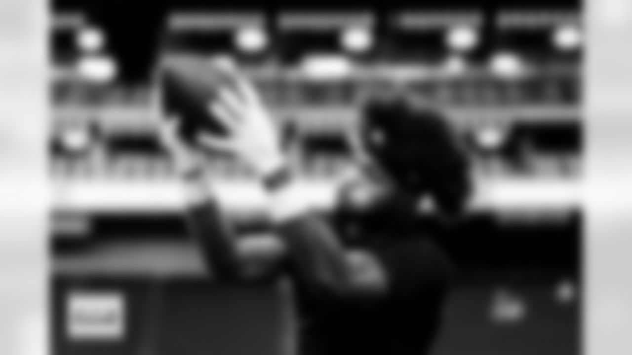 Troy Franklin warms up before the Broncos' Week 14 game against the Las Vegas Raiders at Allegiant Stadium in Las Vegas, Nevada on December 7, 2025. Photo by Ben Swanson / Denver Broncos