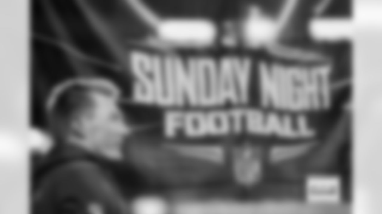 A double-exposure image of Bo Nix and "Sunday Night Football" signage before the Broncos' Week 13 game against the Washington Commanders at Northwest Stadium in Landover, Maryland on November 30, 2025. Photo by Ben Swanson / Denver Broncos