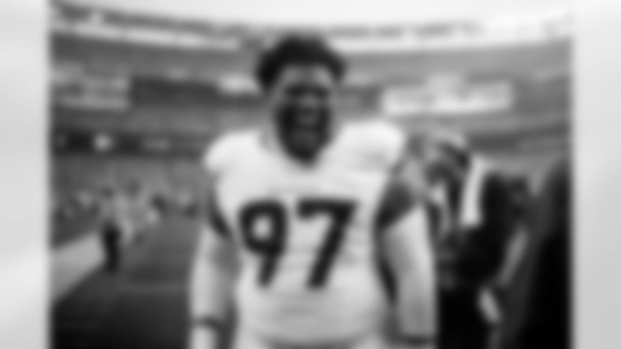 Denver Broncos defensive tackle Malcolm Roach (97) yells out in celebration after the Broncos' Week 4 game against the New York Jets at MetLife Stadium in East Rutherford, New Jersey on September 29, 2024. Photo by Ben Swanson / Denver Broncos