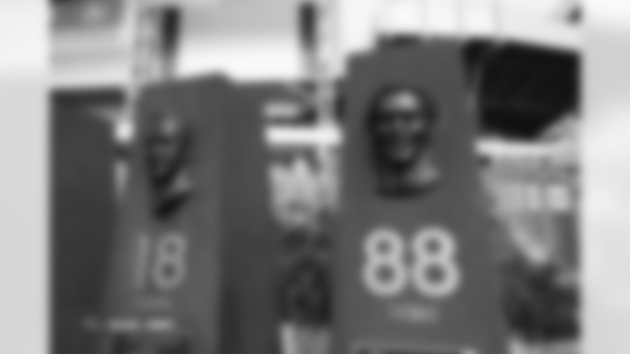 Peyton Manning's and Demaryius Thomas' Ring of Fame pillars before the Broncos' Week 7 game against the New York Giants at Empower Field at Mile High in Denver, Colorado on October 19, 2025. Photo by Ben Swanson / Denver Broncos