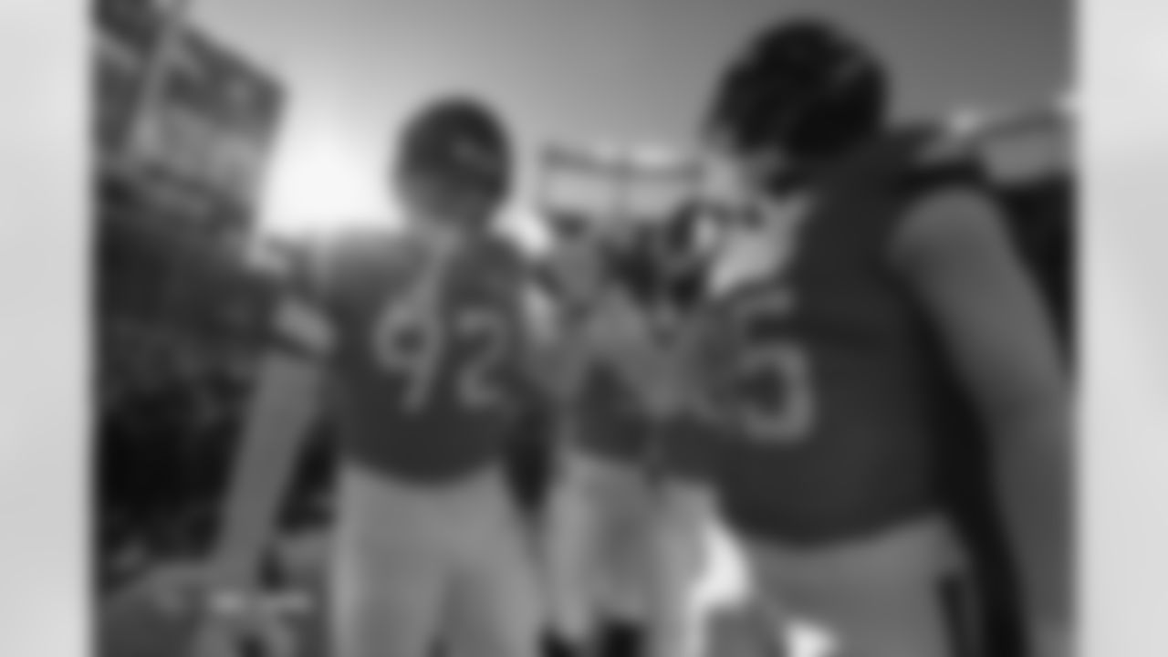 Outside linebackers including Nik Bonitto before the Broncos' Week 11 game against the Kansas City Chiefs at Empower Field at Mile High in Denver, Colorado on November 16, 2025. Photo by Gavin Liddell / Denver Broncos