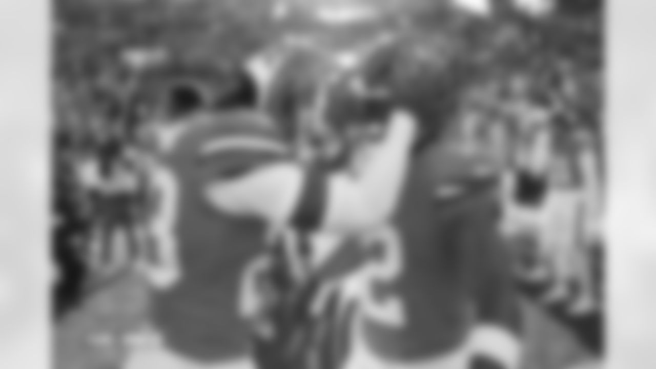 Jahdae Barron (23) and RJ Harvey (12) before the Broncos' Week 18 game against the Los Angeles Chargers at Empower Field at Mile High in Denver, Colorado on January 4, 2026. Photo by Ben Swanson / Denver Broncos