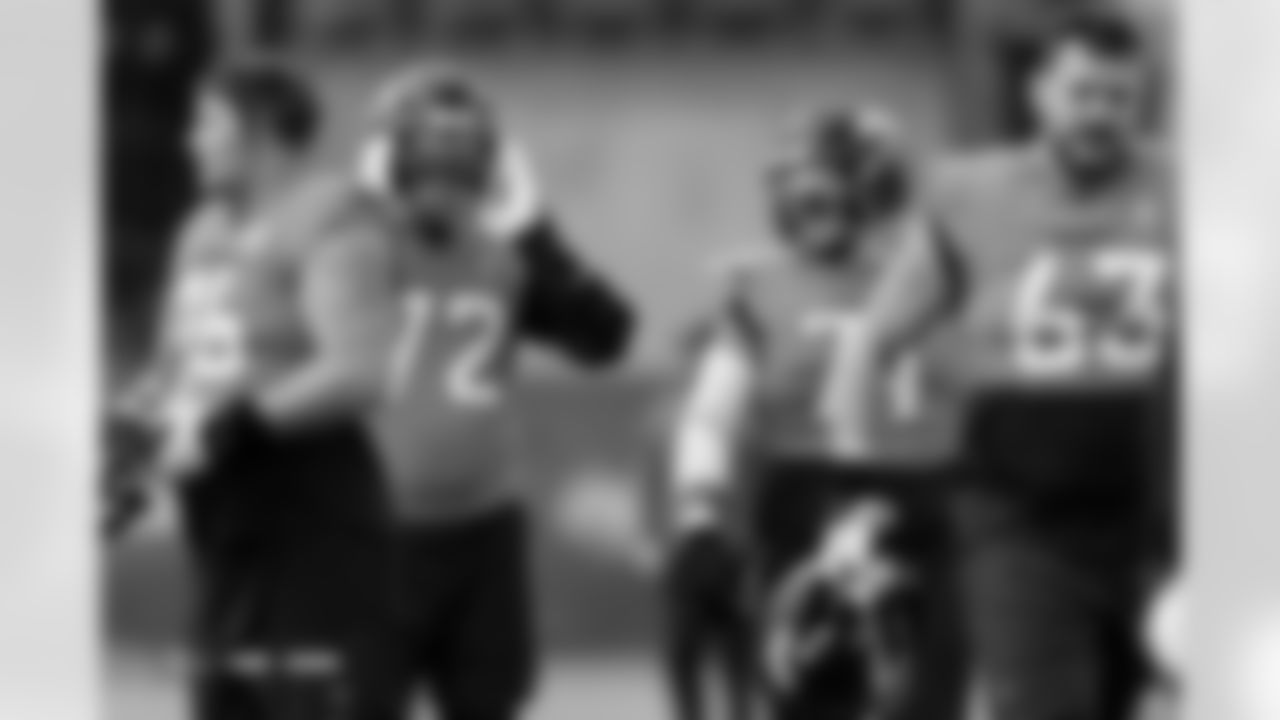 Garett Bolles and Ben Powers during practice at Broncos Park Powered by CommonSpirit in Englewood, Colorado on December 11, 2025. Photo by Ben Swanson / Denver Broncos