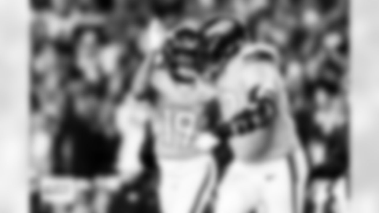 Denver Broncos wide receiver Marvin Mims Jr. (19) celebrates with offensive tackle Garett Bolles (72) after a touchdown during the Broncos' Divisional Round playoff game against the Buffalo Bills at Empower Field at Mile High in Denver, Colorado on January 17, 2026. Photo by Gabriel Christus / Denver Broncos