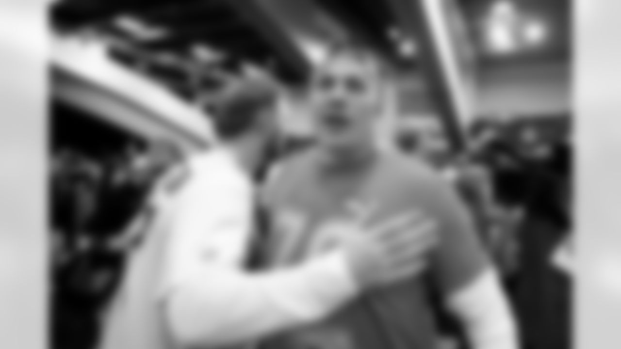 Detroit Lions defensive end Aidan Hutchinson (97) and Denver Broncos offensive tackle Garett Bolles (72) embrace after the 2026 Pro Bowl Game on Tuesday, February 3, 2026 in San Francisco, California. (Alika Jenner/NFL)