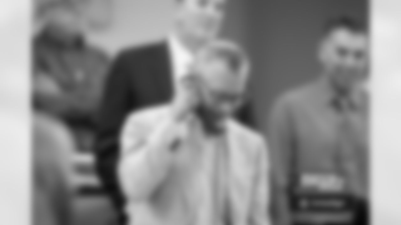 Greg Penner on the phone with Sai'vion Jones in the war room after drafting him with the 101st pick in the third round on Friday, April 25, 2025 at Broncos Park Powered by CommonSpirit in Englewood, Colorado.
Photo by Gabriel Christus / Denver Broncos