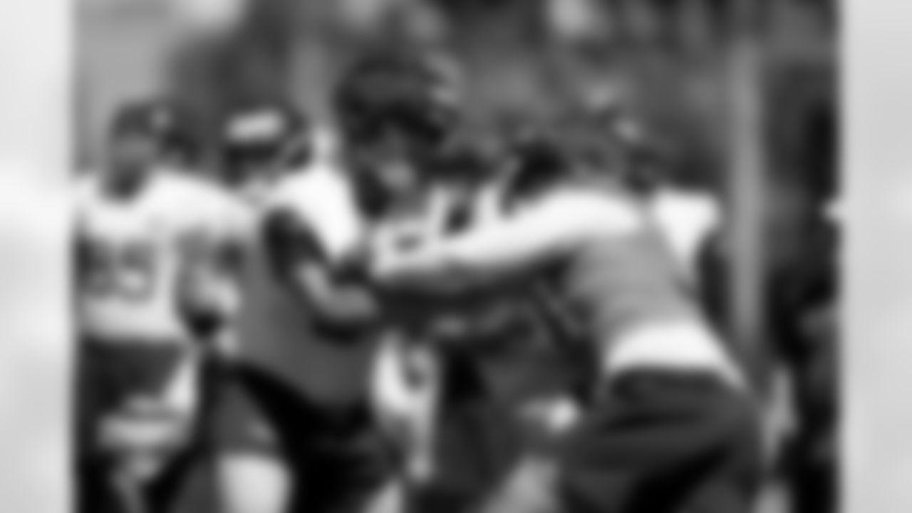 Clay Webb and Matt Henningsen during a training camp practice at Broncos Park Powered by CommonSpirit on Saturday, July 26, 2025 in Englewood, Colorado.
Photo by Gabriel Christus / Denver Broncos