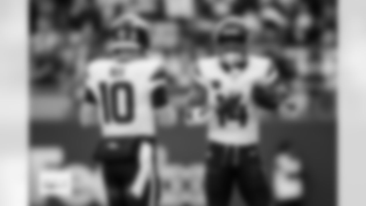 Bo Nix and Courtland Sutton before the Broncos' Week 6 game against the New York Jets at Tottenham Hotspur Stadium in London, England on October 12, 2025. Photo by Ben Swanson / Denver Broncos