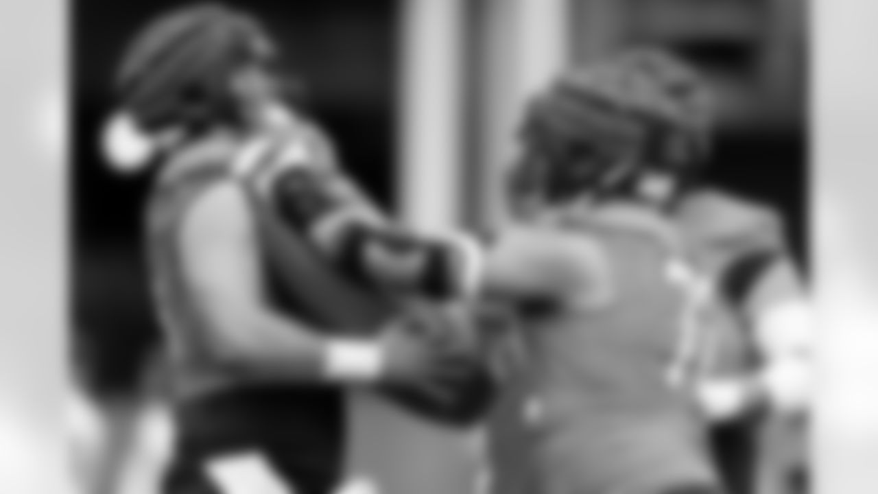 Garett Bolles and Alex Forsyth during practice on Tuesday, August 26, 2025 at Broncos Park Powered by CommonSpirit in Englewood, Colorado.
Photo by Gabriel Christus / Denver Broncos
