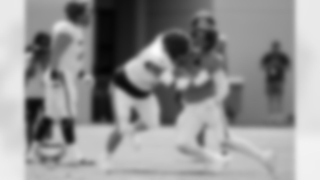 Ben Powers and Zach Allen during a training camp practice at Broncos Park Powered by CommonSpirit on Monday, July 28, 2025 in Englewood, Colorado.
Photo by Gabriel Christus / Denver Broncos