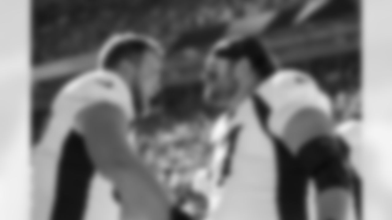Denver Broncos offensive tackle Mike McGlinchey (69) and offensive lineman Quinn Meinerz (77) before the Broncos' Week 2 game against the Washington Commanders at Empower Field at Mile High in Denver, Colorado on September 17, 2023. Photo by Ben Swanson / Denver Broncos