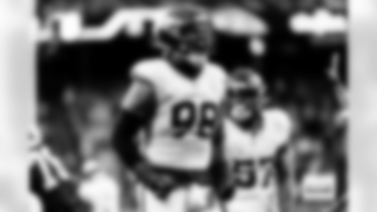 Denver Broncos defensive end John Franklin-Myers (98) celebrates after a sack during the Broncos' Week 14 game against the Las Vegas Raiders at Allegiant Stadium in Las Vegas, Nevada on December 7, 2025. Photo by Ben Swanson / Denver Broncos