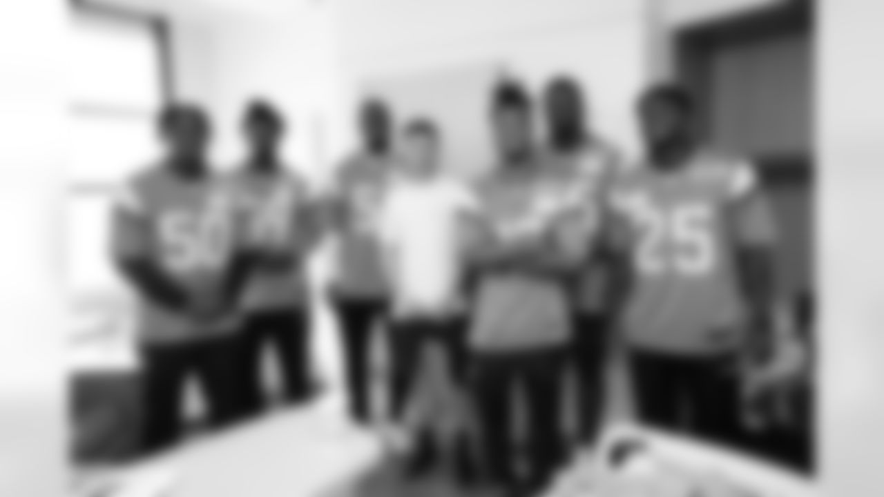 JB Brown, Johnny Walker Jr., Que Robinson, Jahdae Barron, Sai'vion Jones and Joshua Pickett and other Denver Broncos rookies visit with children at Children's Hospital Colorado in Aurora, Colorado on June 2, 2025. Photo by Ben Swanson / Denver Broncos