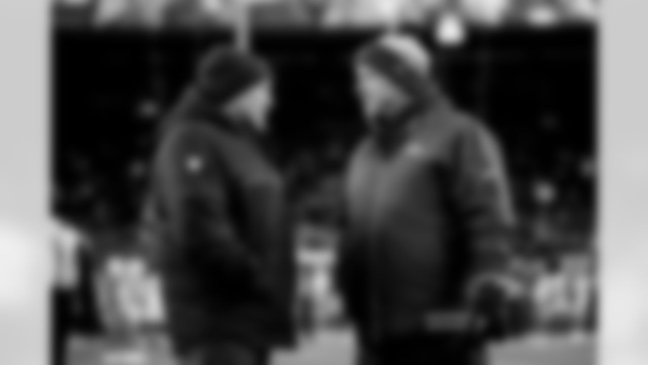 Patriots head coach Bill Belichick and Broncos head coach Sean Payton talk before the Broncos' Week 16 game against the New England Patriots at Empower Field at Mile High in Denver, Colorado on December 24, 2023. Photo by Ben Swanson / Denver Broncos