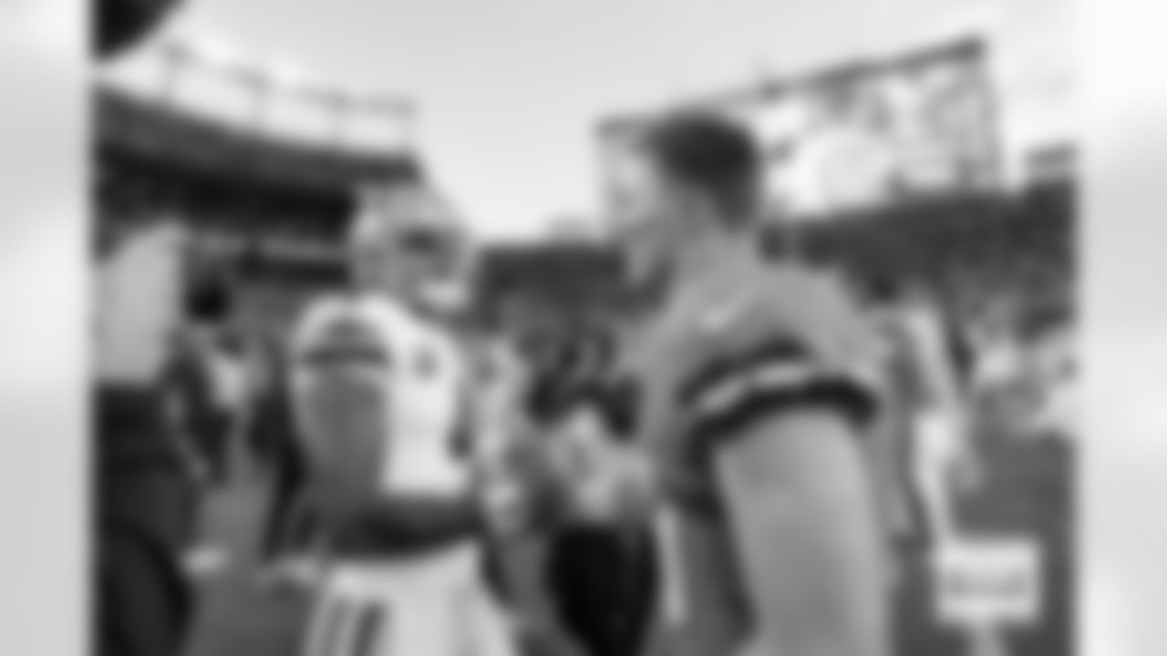 Denver Broncos quarterback Bo Nix (10) shakes hands with Dallas Cowboys quarterback Dak Prescott (4) after the Broncos' Week 8 game against the Dallas Cowboys at Empower Field at Mile High in Denver, Colorado on October 26, 2025. Photo by Gabriel Christus / Denver Broncos