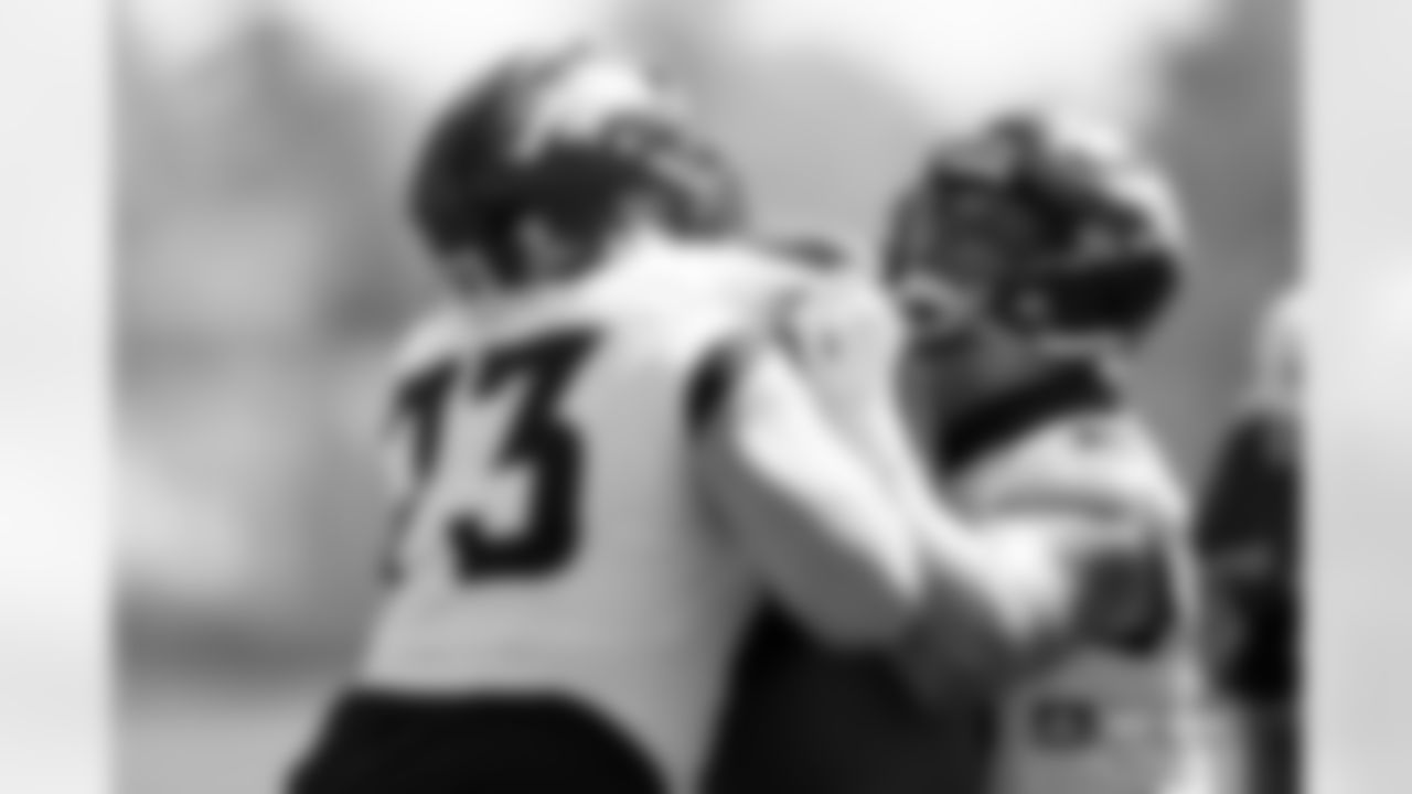 Frank Crum and Mike McGlinchey during practice at Broncos Park Powered by CommonSpirit in Englewood, Colorado on September 13, 2024. Photo by Ben Swanson / Denver Broncos