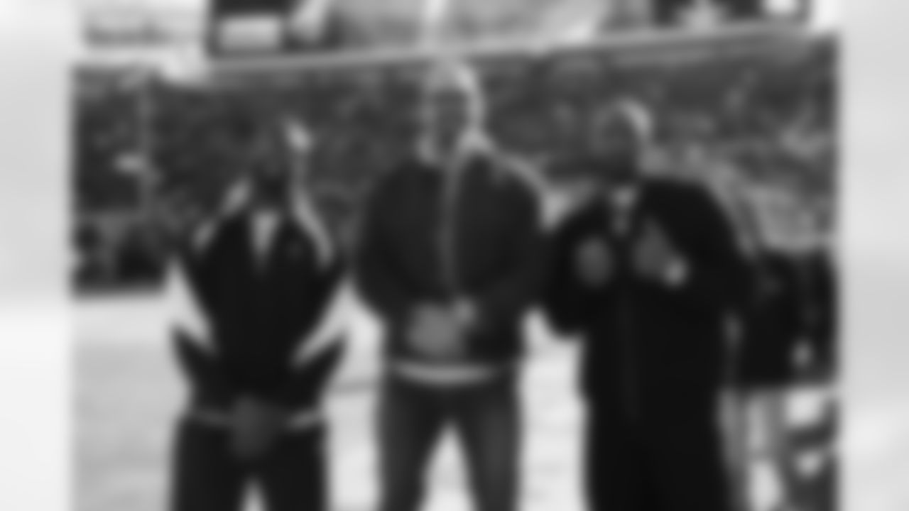 Emmanuel Sanders, Derek Wolfe and Aqib Talib before the Broncos' Divisional Round playoff game against the Buffalo Bills at Empower Field at Mile High in Denver, Colorado on January 17, 2026. Photo by Ben Swanson / Denver Broncos